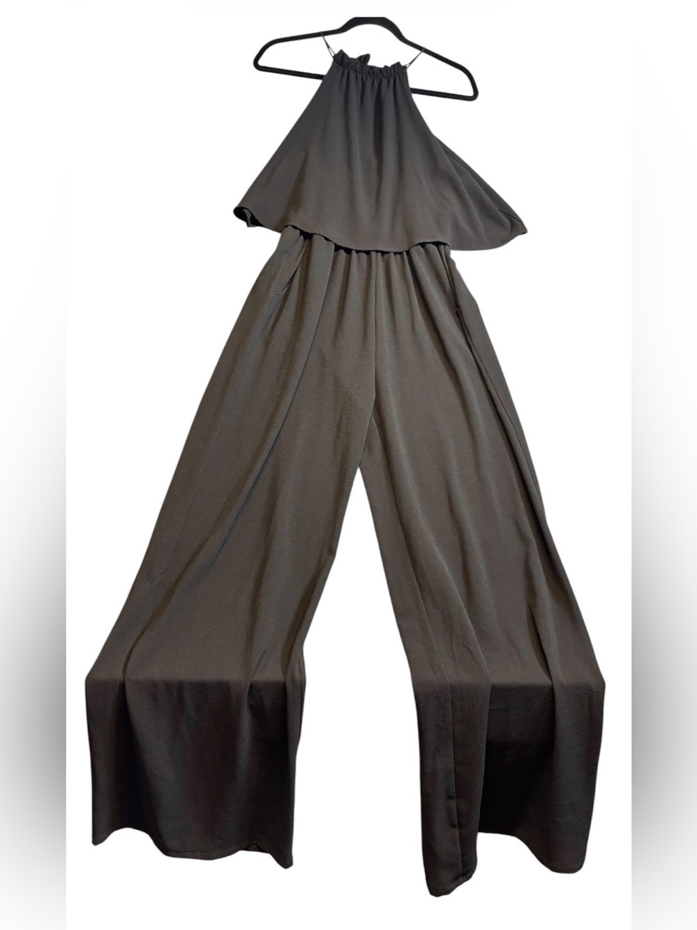 Tyche Black Halter Wide Leg Jumpsuit Ruffle Cape Overlay NWT Size L Large